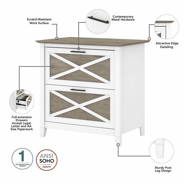 Bush Furniture Key West 48W Writing Desk With 2 Drawer Lateral File Cabinet And 5 Shelf Bookcase In Pure White And Shiplap Gray