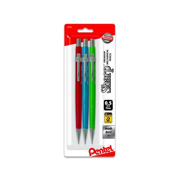 Pentel Sharp Mechanical Pencil, 0.5 Mm, Hb (#2.5), Black Lead, Assorted Barrel Colors, 3/Pack
