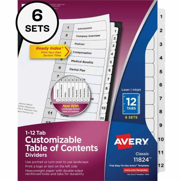 Avery Customizable Table Of Contents Ready Index Black And White Dividers, 12-Tab, 1 To 12, 11 X 8.5, White, 6 Sets