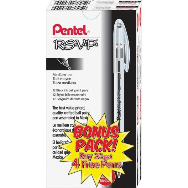 Pentel R.S.V.P. Ballpoint Stick Pens, Pack Of 24, Medium Point, 0.7 Mm, Clear Barrel, Black Ink