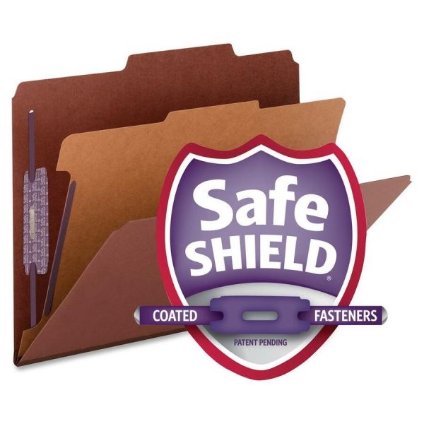 Smead Pressboard Classification Folders, Four Safeshield Fasteners, 2/5-Cut Tabs, 1 Divider, Letter Size, Red, 10/Box