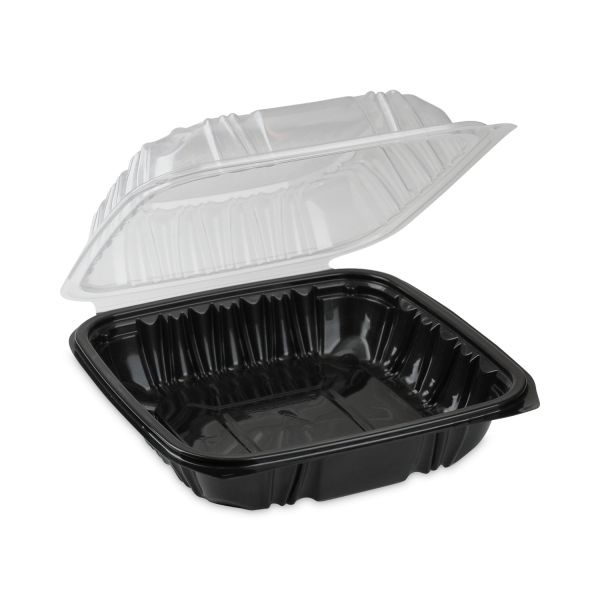 Pactiv Evergreen Earthchoice Vented Dual Color Microwavable Hinged Lid Container, 1-Compartment, 28Oz, 7.5X7.5X3, Black/Clear, Plastic, 150/Ct