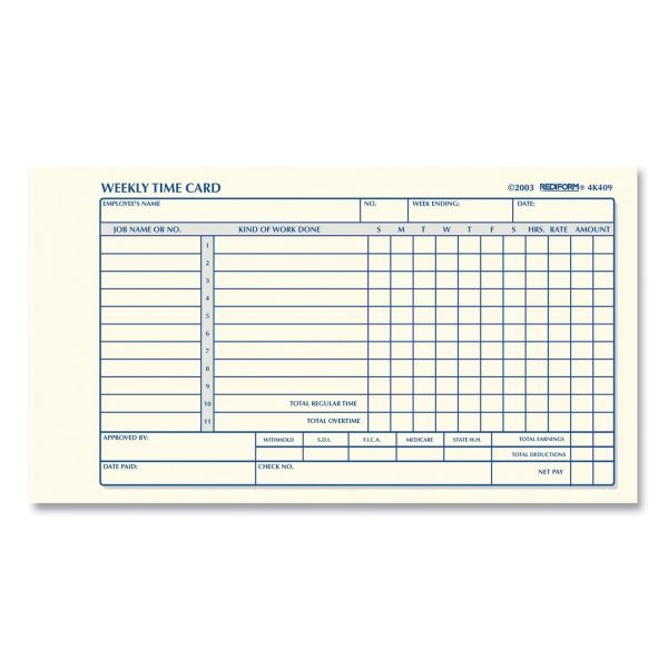Rediform Weekly Employee Time Cards, One Side, 4.25 X 7, 100/Pad