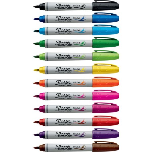 Sharpie Brush Tip Permanent Marker, Medium Brush Tip, Assorted Colors, 12/Set