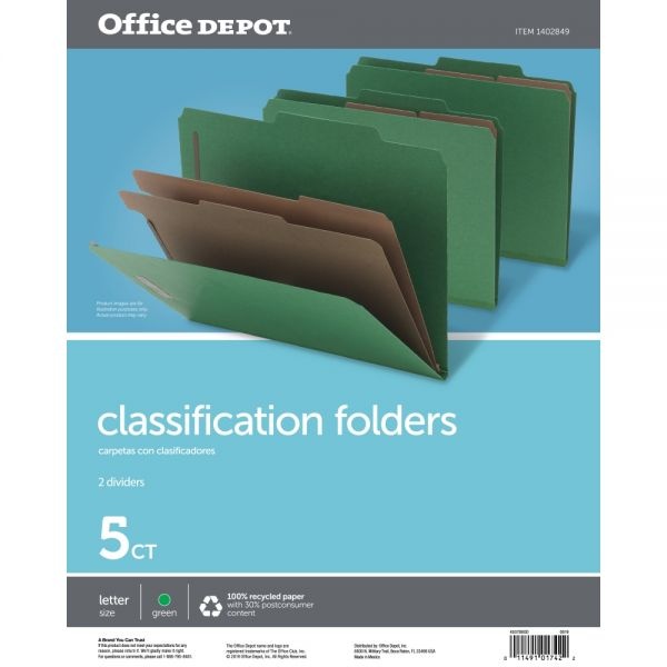 Classification Folders, 2 1/2" Expansion, Letter Size, 2 Dividers, 100% Recycled, Light Green, Pack Of 5 Folders