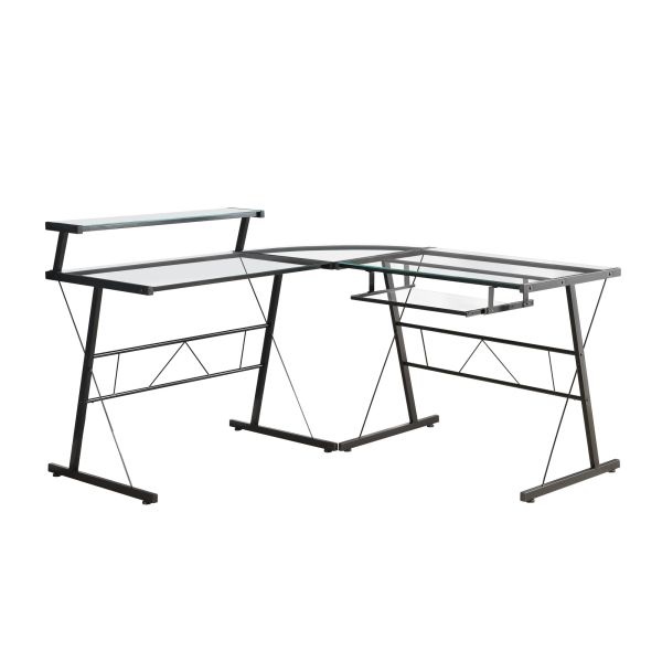 Computer Desk, Home Office, Corner, L Shape, Work, Laptop, Black Tempered Glass, Clear Tempered Glass, Contemporary, Modern
