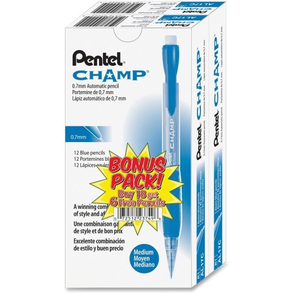 Pentel Champ Mechanical Pencil Value Pack, 0.7 Mm, Hb (#2), Black Lead, Blue Barrel, 24/Pack