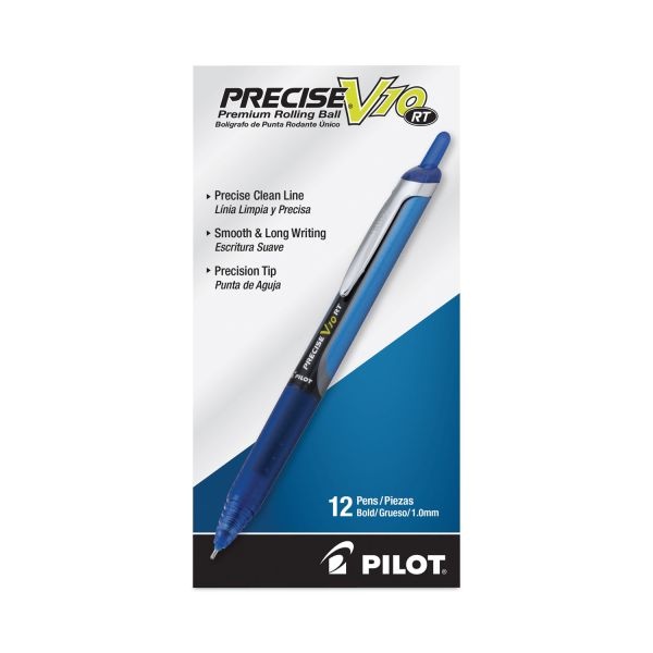 Pilot Precise V10rt Roller Ball Pen, Retractable, Bold 1 Mm, Blue Ink, Blue Barrel, Dozen