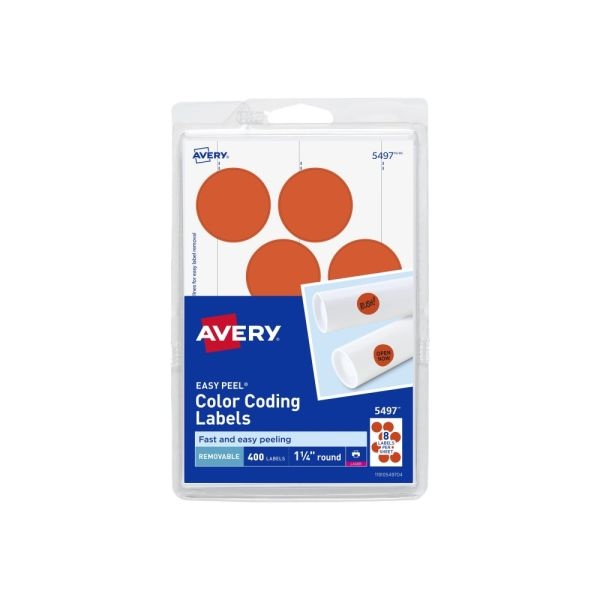 Avery Removable Print Or Write Color Coding Labels For Laser Printers, 5497, Round, 1-1/4" Diameter, Neon Red, Pack Of 400 Labels