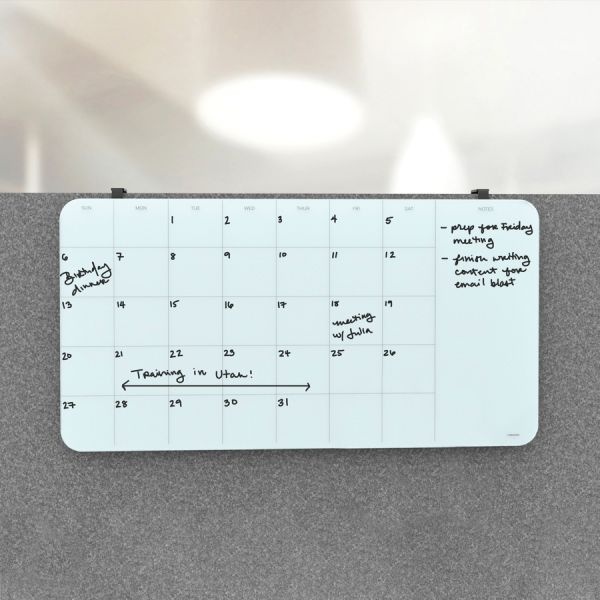 U Brands Magnetic Cubicle Glass Dry Erase Calendar Board, 23 X 12 Inches, White Frosted Surface, Frameless
