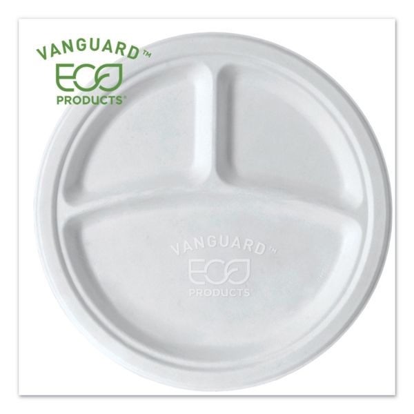 Eco-Products Vanguard Renewable And Sugarcane Plates, 3-Compartment, 10" Dia, White, 500/Carton