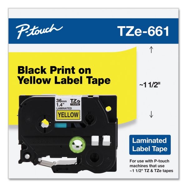 Brother P-Touch Tze Standard Adhesive Laminated Labeling Tape, 1.4" X 26.2 Ft, Black On Yellow
