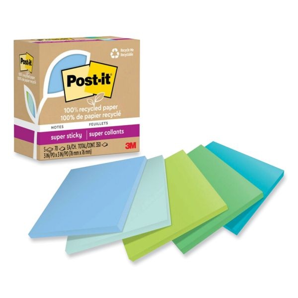 Post-It Notes Super Sticky 100% Recycled Paper Super Sticky Notes, 3" X 3", Oasis, 70 Sheets/Pad, 5 Pads/Pack