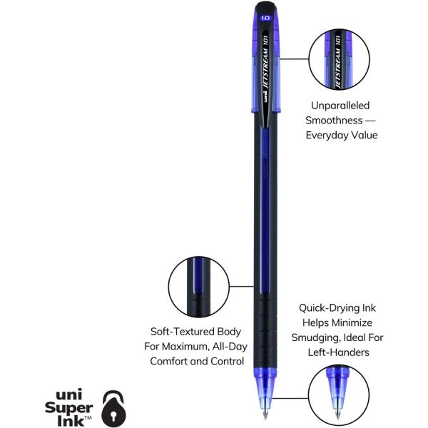 Uniball Jetstream 101 Hybrid Gel Pen, Stick, Bold 1 Mm, Blue Ink, Black/Blue Barrel, Dozen