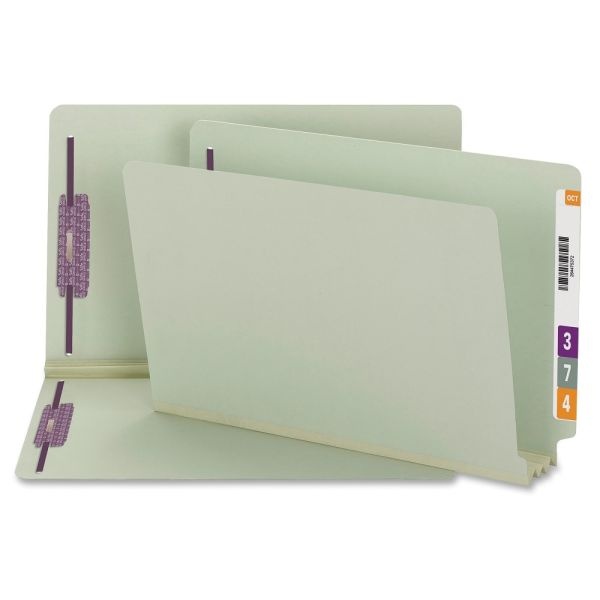 Smead End Tab Pressboard Fastener Folders With Safeshield, 8 1/2" X 14", 3" Expansion, Gray/Green, Box Of 25