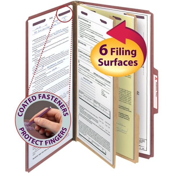Smead Classification Folders, Pressboard With Safeshield Fasteners, 2 Dividers, 2" Expansion, Legal Size, 100% Recycled, Red, Box Of 10