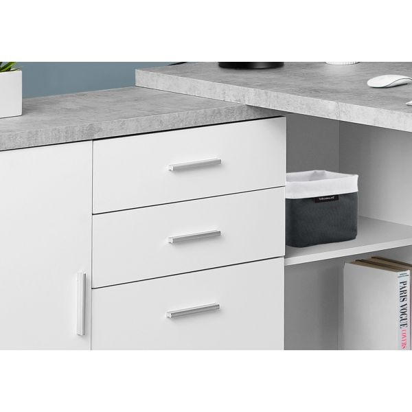 Computer Desk, Home Office, Corner, Left, Right Set-Up, Storage Drawers, 60"L, L Shape, Work, Laptop, White And Grey Cement-Look Laminate, Grey Metal, Contemporary, Modern
