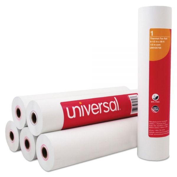 Universal Direct Thermal Printing Fax Paper Rolls, 0.5" Core, 8.5" X 98Ft, White, 6/Pack