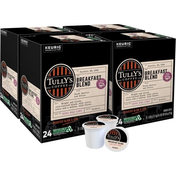 Tully's Coffee Breakfast Blend Single-Serve K-Cups, Classic, Carton Of 24 K-Cups, Box Of 4 Cartons