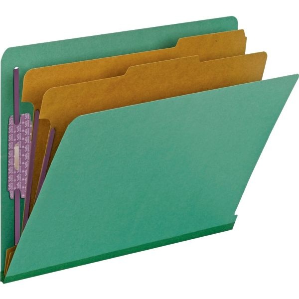 Smead End Tab Pressboard Classification Folders, Six Safeshield Fasteners, 2" Expansion, 2 Dividers, Letter Size, Green, 10/Box