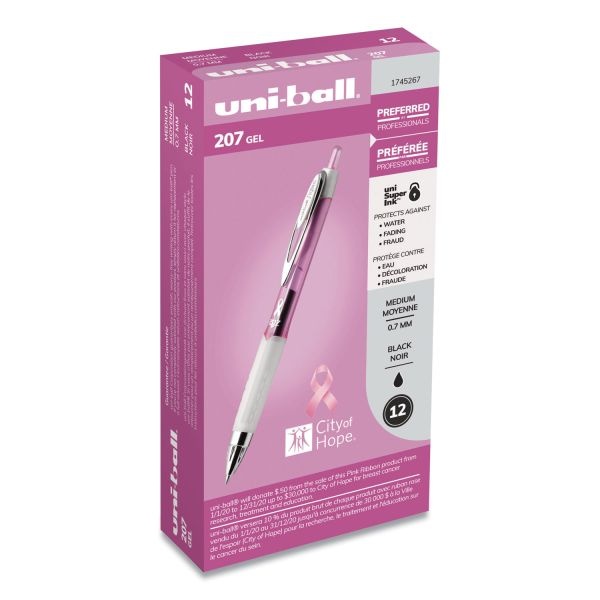 uniball Signo 207 City of Hope Edition Gel Pen, Retractable, Bold 1 mm,  Black Ink, Translucent Pink/Translucent White Barrel, Dozen