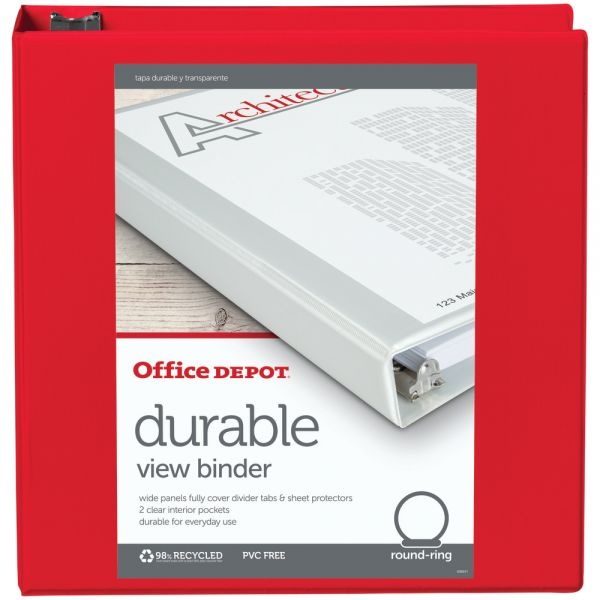 Durable View 3-Ring Binder, 2" Round Rings, 49% Recycled, Red