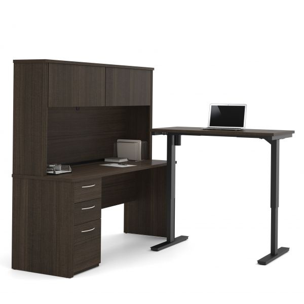 Bestar Embassy L-Desk With Hutch Including Electric Height Adjustable Table In Dark Chocolate