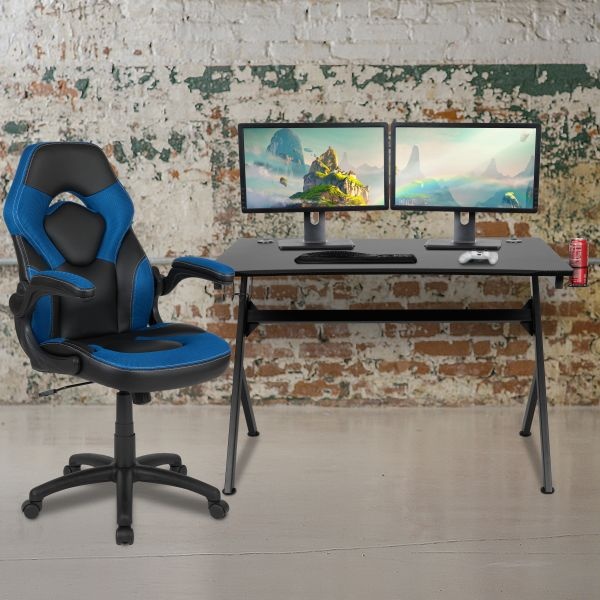 Optis Black Gaming Desk And Blue And Black Racing Chair Set With Cup Holder, Headphone Hook & 2 Wire Management Holes