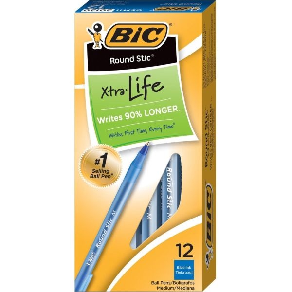 Bic Round Stic Ballpoint Pens, Medium Point, 1.0 Mm, Translucent Barrel, Blue Ink, Pack Of 12