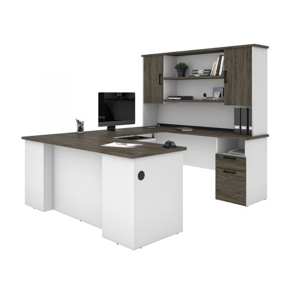 Bestar Norma U-Shaped Desk With Hutch - Walnut Grey & White