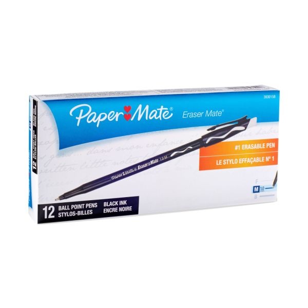Paper Mate Erasermate Ballpoint Pens, Medium Point, Black Barrel, Black Ink, Pack Of 12 Pens
