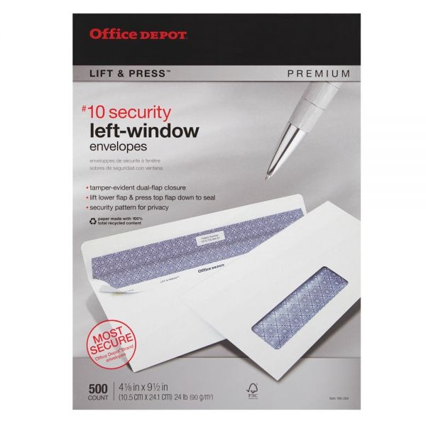 #10 Lift & Press Premium Security Envelopes, Left Window, Self Seal, 100% Recycled, White, Box Of 500