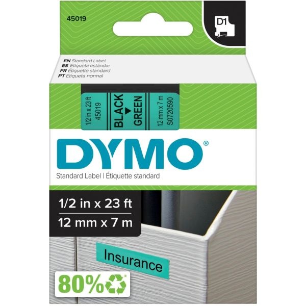 Dymo D1 High-Performance Polyester Removable Label Tape, 0.5" X 23 Ft, Black On Green