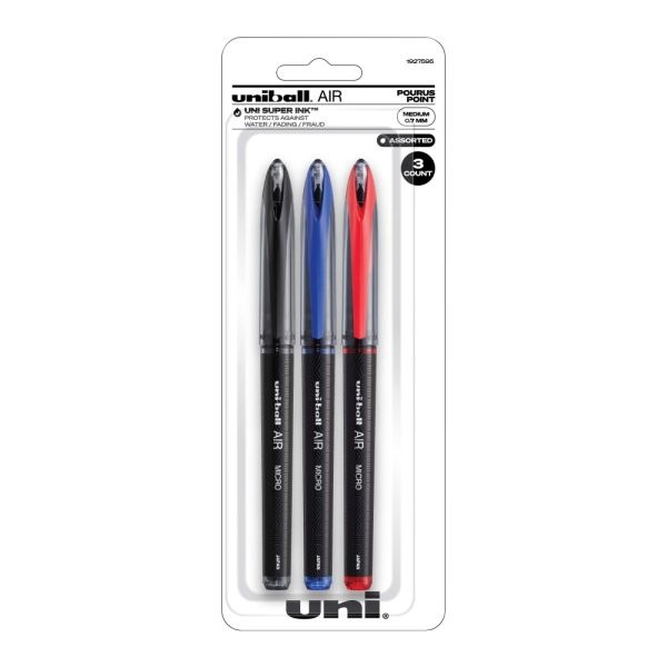 Uniball Air Rollerball Pens, Medium Point, 0.7 Mm, Black Barrel, Assorted Ink Colors, Pack Of 3