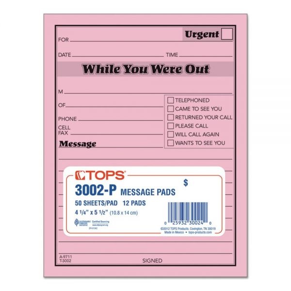 Tops Pink Message Pad, One-Part (No Copies), 4.25 X 5.5, 50 Forms/Pad ...