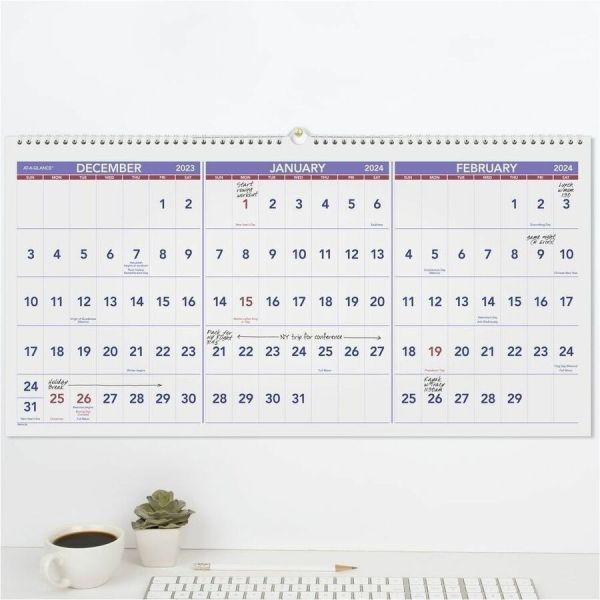 At-A-Glance Deluxe Three-Month Reference Wall Calendar, Horizontal Orientation, 24 X 12, White Sheets, 15-Month (Dec-Feb): 2023 To 2025