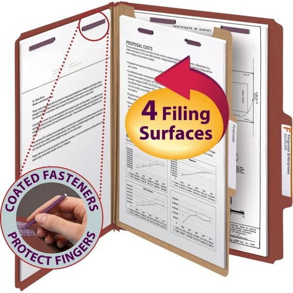 Smead Pressboard Classification Folders, Four Safeshield Fasteners, 2/5-Cut Tabs, 1 Divider, Letter Size, Red, 10/Box