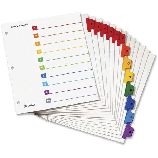 Cardinal Onestep 8-Tab Table Of Content Dividers - 6 X Divider(S) - 8 Printed Tab(S) - Digit - 1-8 - 8 Tab(S)/Set - 8.5" Divider Width X 11" Divider Length - 3 Hole Punched - Multicolor Divider - Multicolor Tab(S) - 8 / Pack