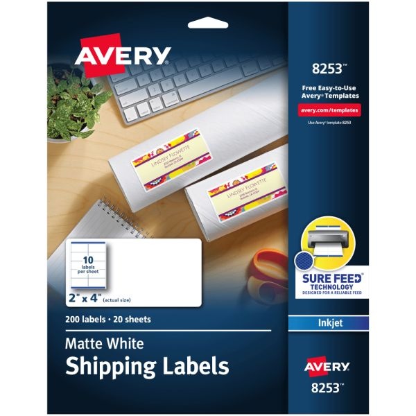 Avery Shipping Labels With Sure Feed Technology, 8253, Rectangle, 2" X 4", White, Pack Of 200 Labels