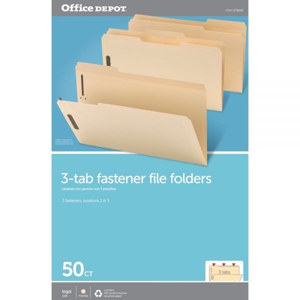 Reinforced Manila Folder With 2 Embossed Fasteners, 1/3-Cut Tabs, Legal Size, Box Of 50