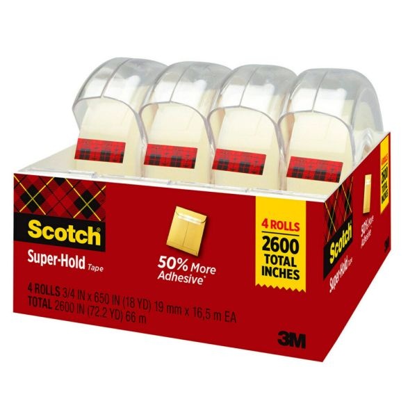 Scotch Super-Hold Tape, With Handheld Dispenser, 3/4" X 650", Clear, Pack Of 4 Rolls