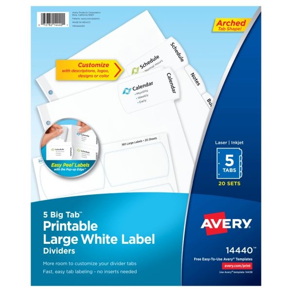 Avery Big Tab Printable Large Label Dividers, Easy Peel, White, 5 Tabs, Pack Of 20 Sets