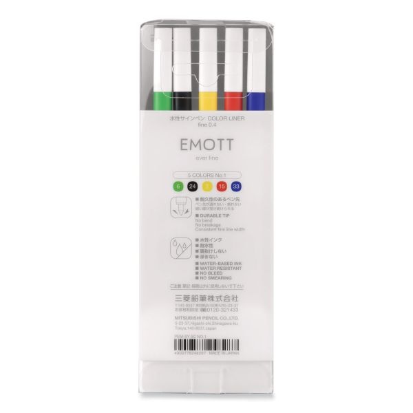Uniball Emott Porous Point Pen, Stick, Fine 0.4 Mm, Assorted Ink Colors, White Barrel, 5/Pack