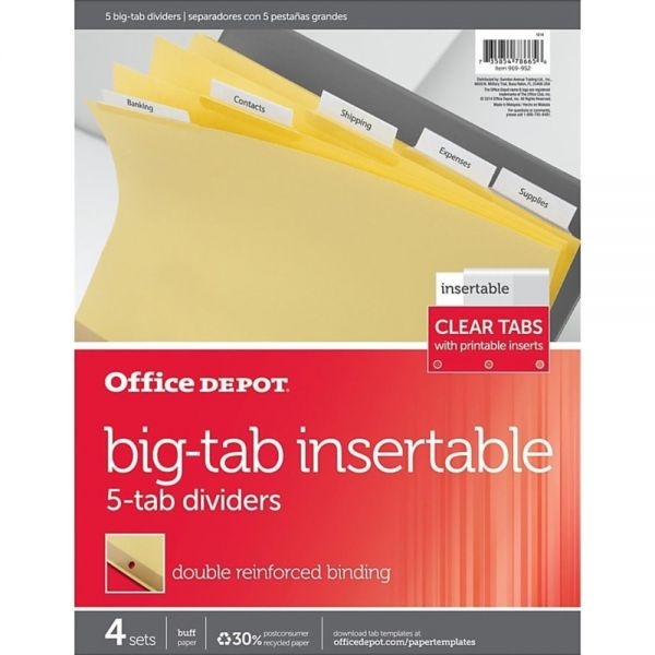 Insertable Dividers With Big Tabs, Buff, Clear Tabs, 5-Tab, Pack Of 4 Sets