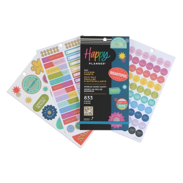 Happy Planner Spread Some Happy Mini Planner Stickers, 9"H X 4-3/4"W X 1/4"D, Assorted Colors, Pack Of 833 Stickers