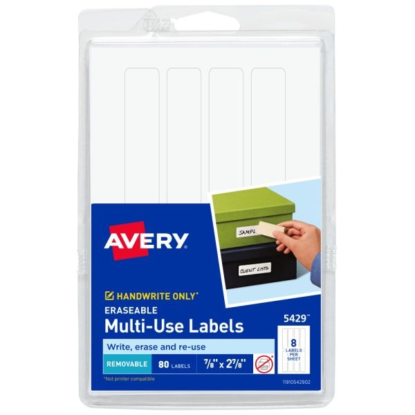 Avery Removable Erasable Multipurpose Labels, 5429, 7/8" X 2 7/8", White, Pack Of 80