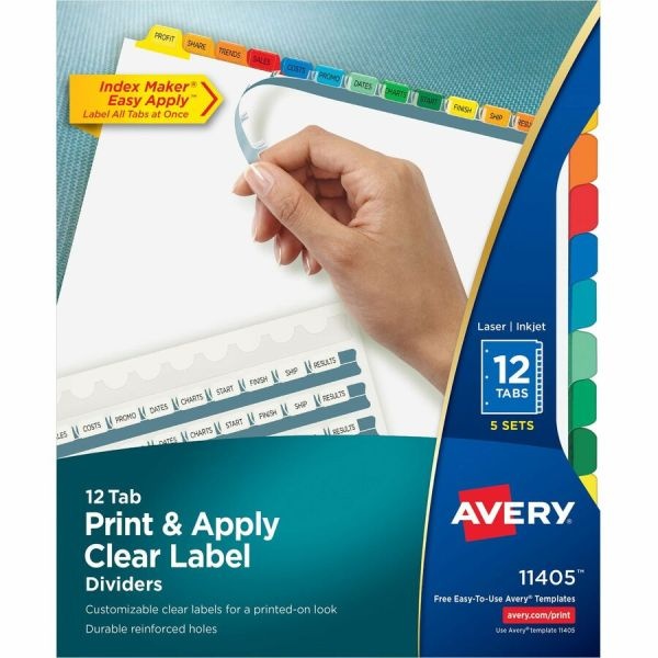 Avery Customizable Index Maker Dividers For 3 Ring Binder, Easy Print & Apply Clear Label Strip, 12 Tab, Multicolor, Pack Of 5 Sets