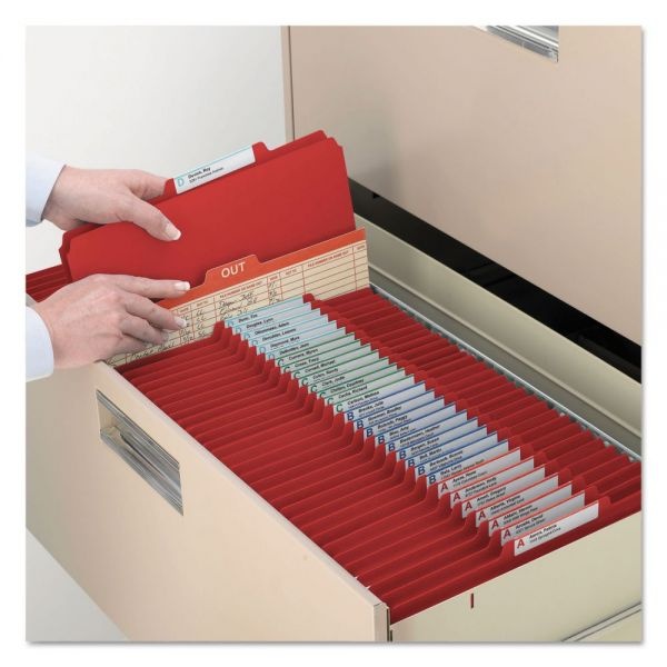 Smead Four-Section Pressboard Top Tab Classification Folders, Four Safeshield Fasteners, 1 Divider, Legal Size, Bright Red, 10/Box