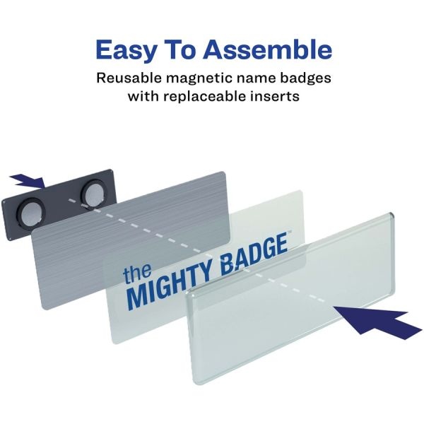 Avery The Mighty Badge Name Badge Holder Kit, Horizontal, 3 X 1, Laser, Silver, 50 Holders/120 Inserts