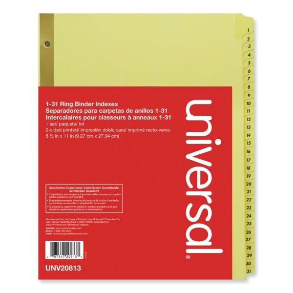 Universal Deluxe Preprinted Plastic Coated Tab Dividers With Black Printing, 31-Tab, 1 To 31, 11 X 8.5, Buff, 1 Set